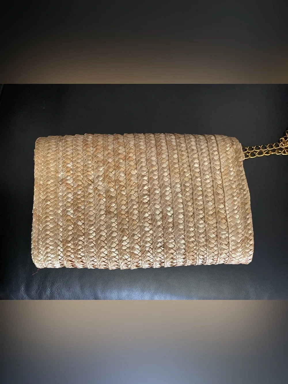 Woven Straw Banana Embroidered Shoulder Bag Natural gold tone chain kawaii pinup